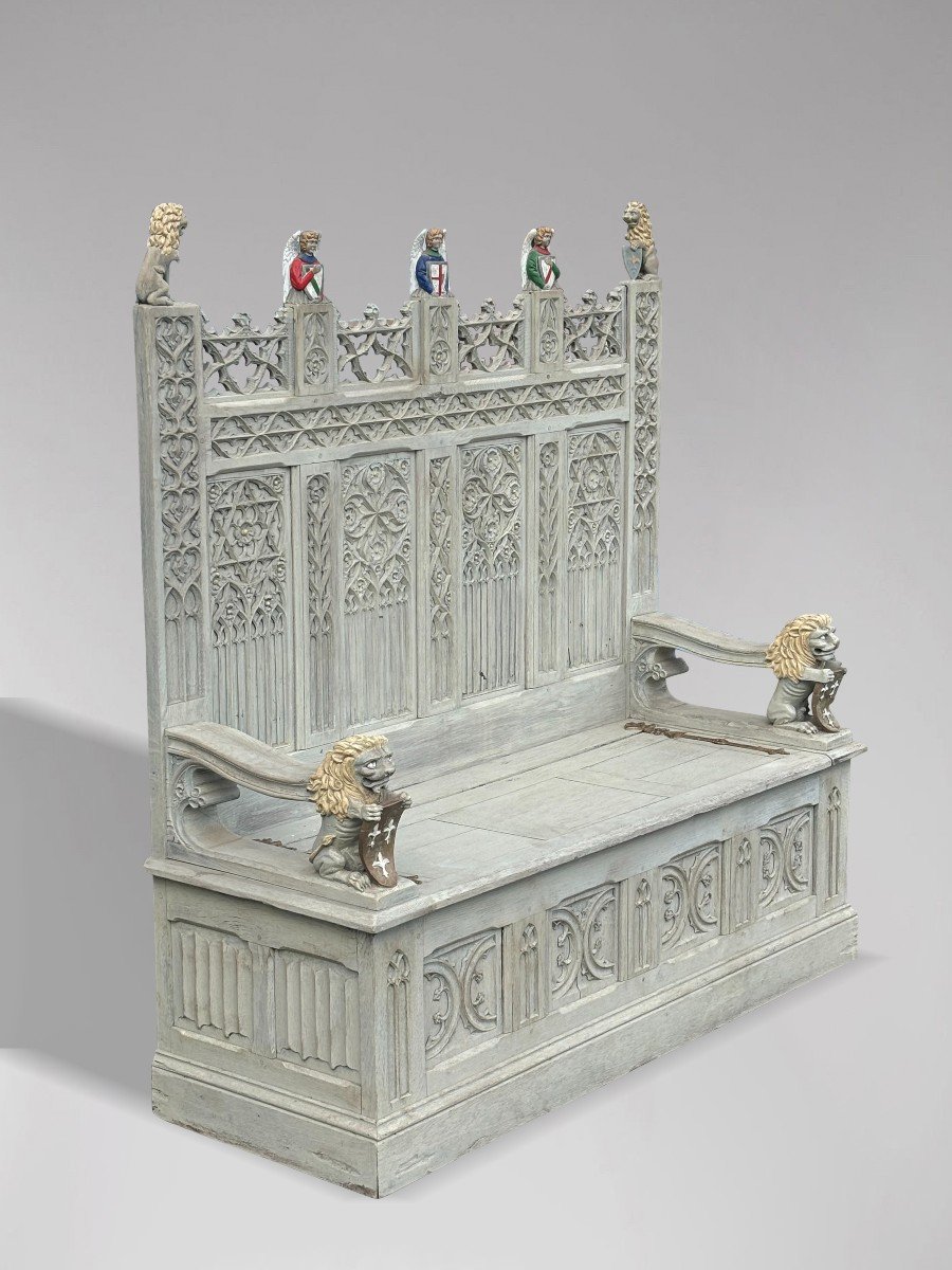 19th Century Carved Painted Gothic Revival Hall Bench-photo-3
