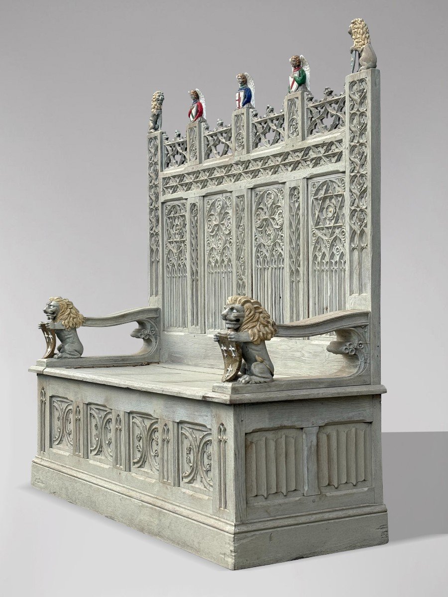 19th Century Carved Painted Gothic Revival Hall Bench-photo-6