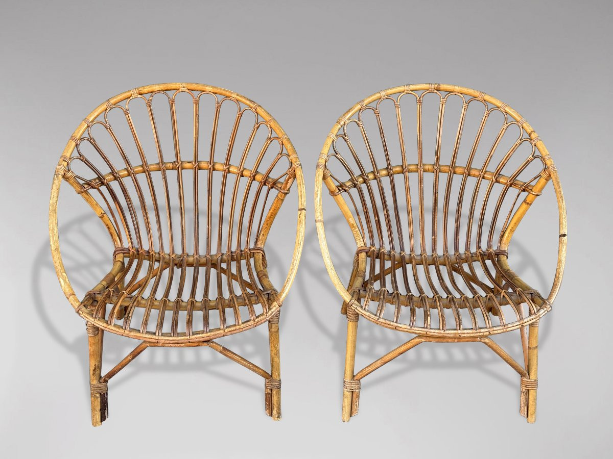 Pair Of Mid Century French Bamboo & Rattan Lounge Chairs-photo-1