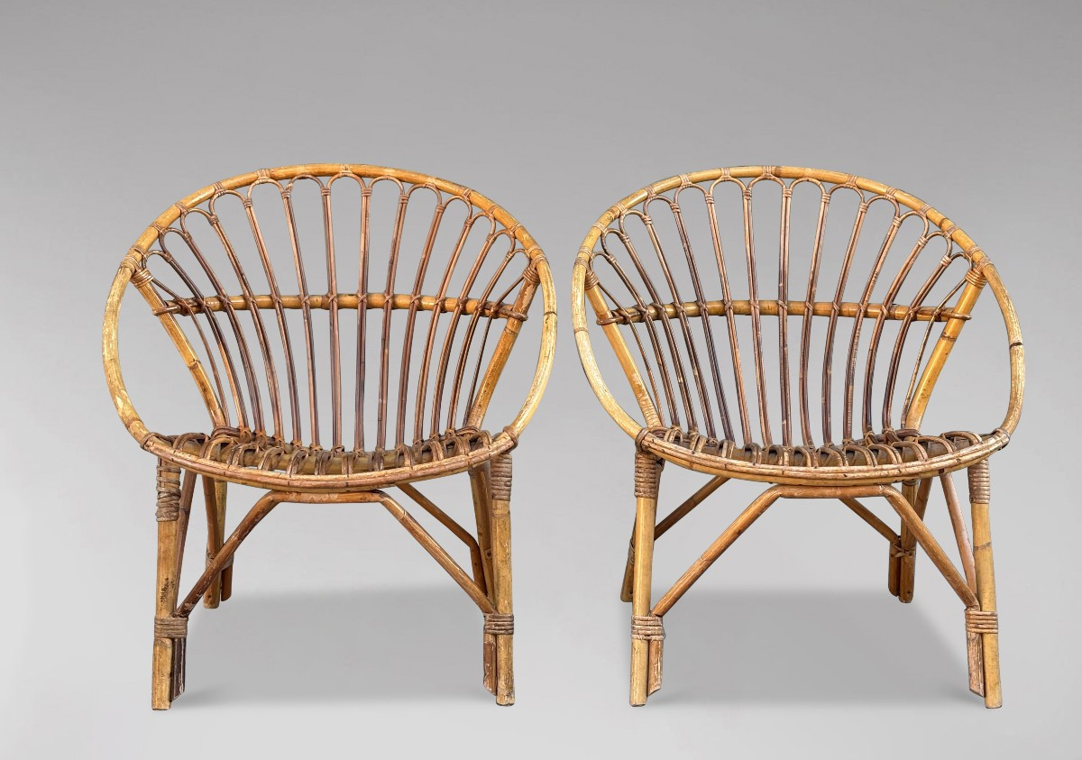Pair Of Mid Century French Bamboo & Rattan Lounge Chairs
