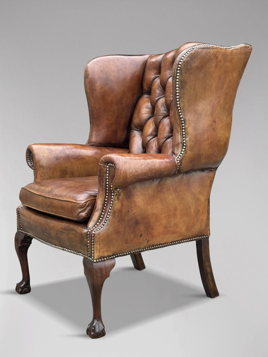 19ème Siècle, Fauteuil à Oreilles en Cuir Marron -photo-5