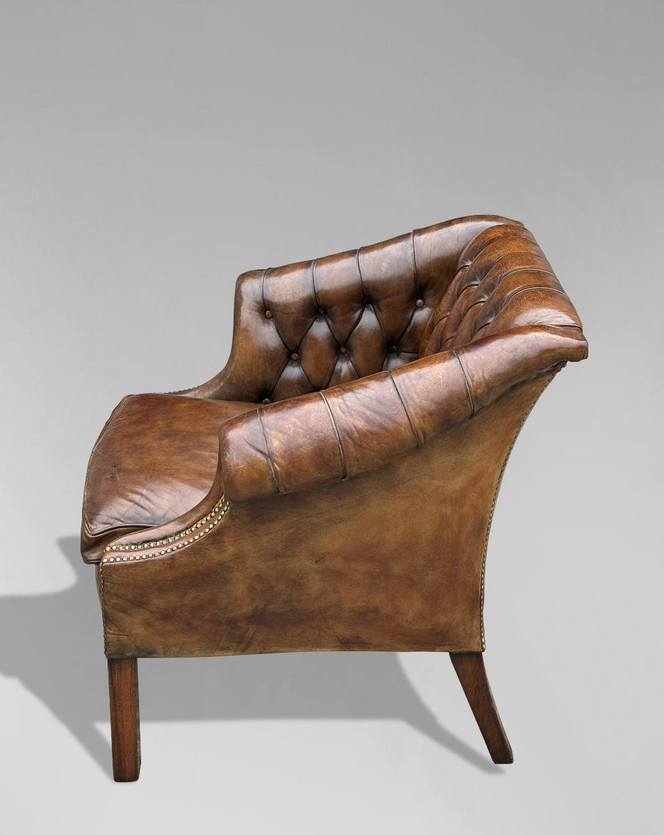 19ème Siècle, Fauteuil Club en Cuir Marron-photo-1