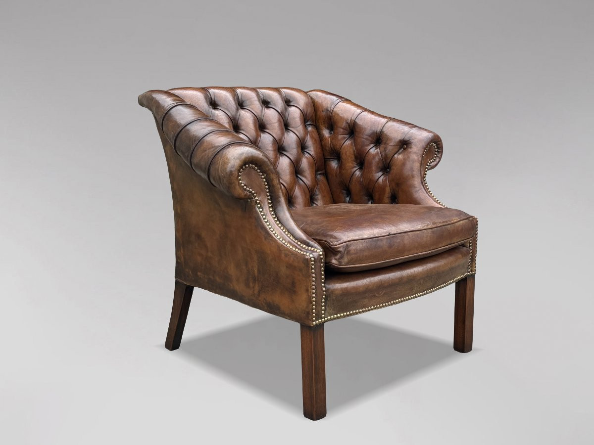 19ème Siècle, Fauteuil Club en Cuir Marron-photo-3