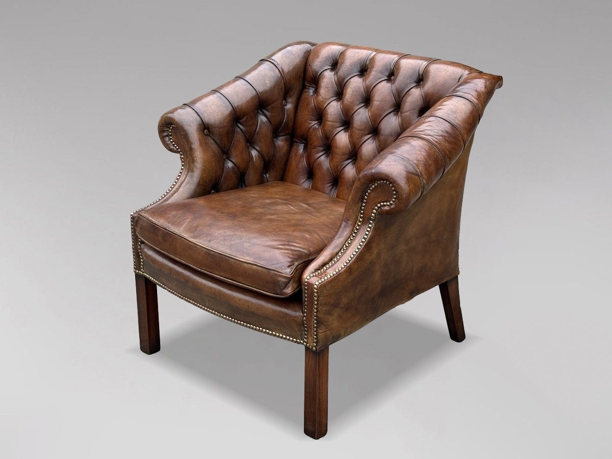19ème Siècle, Fauteuil Club en Cuir Marron-photo-4