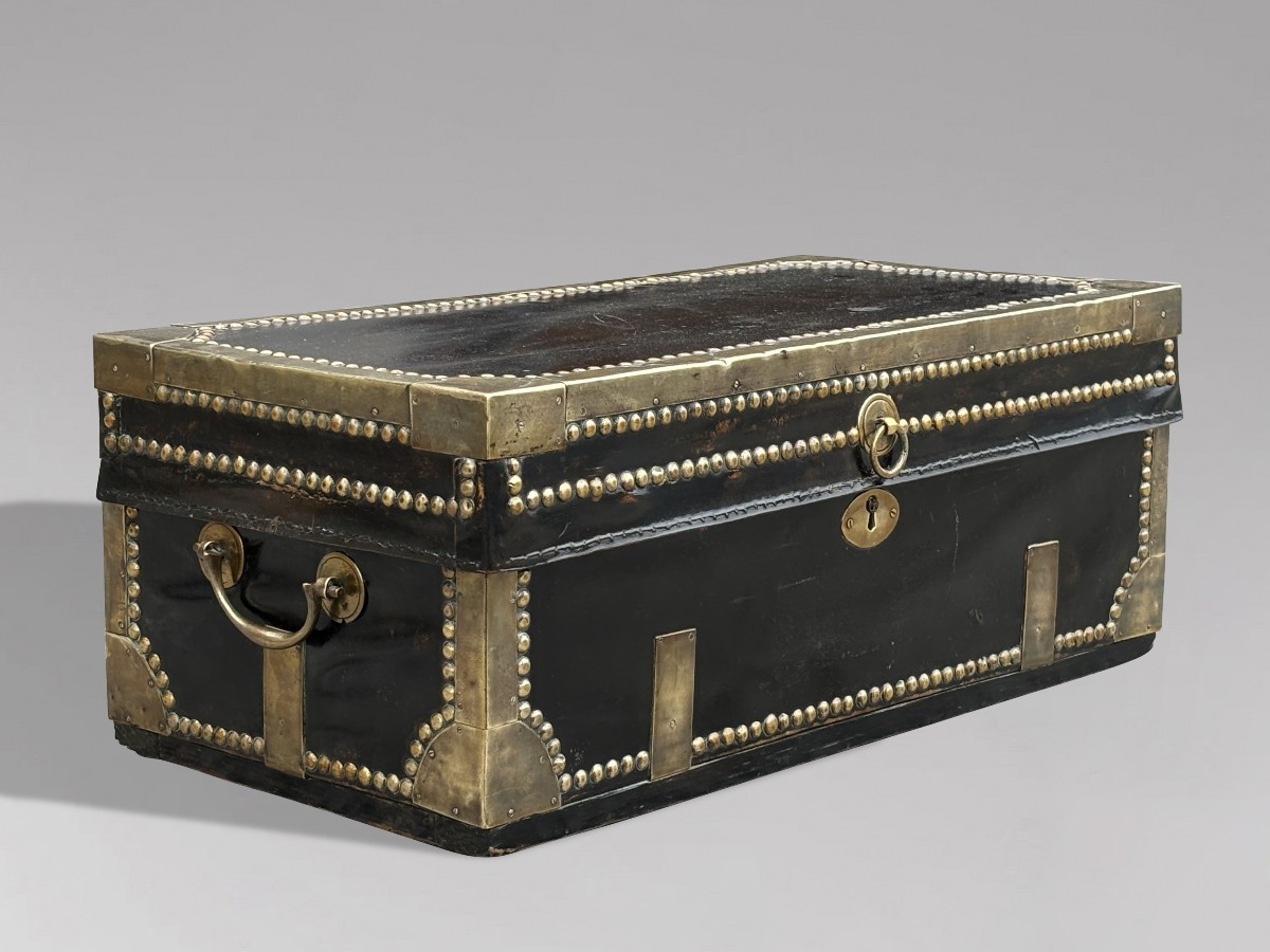Début du 19ème Siècle, Malle de Transport en Cuir et Laiton, Époque George III