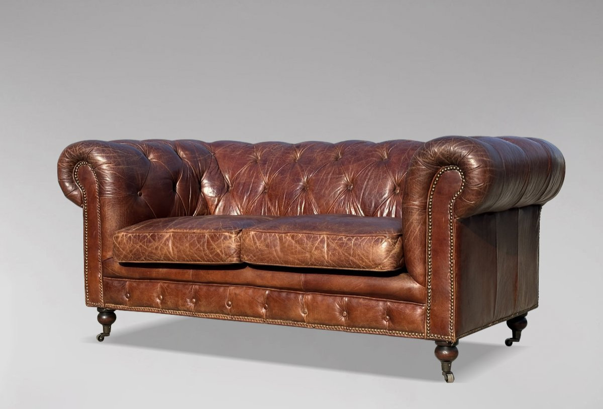 Brown Leather 2-seater Chesterfield Sofa-photo-2