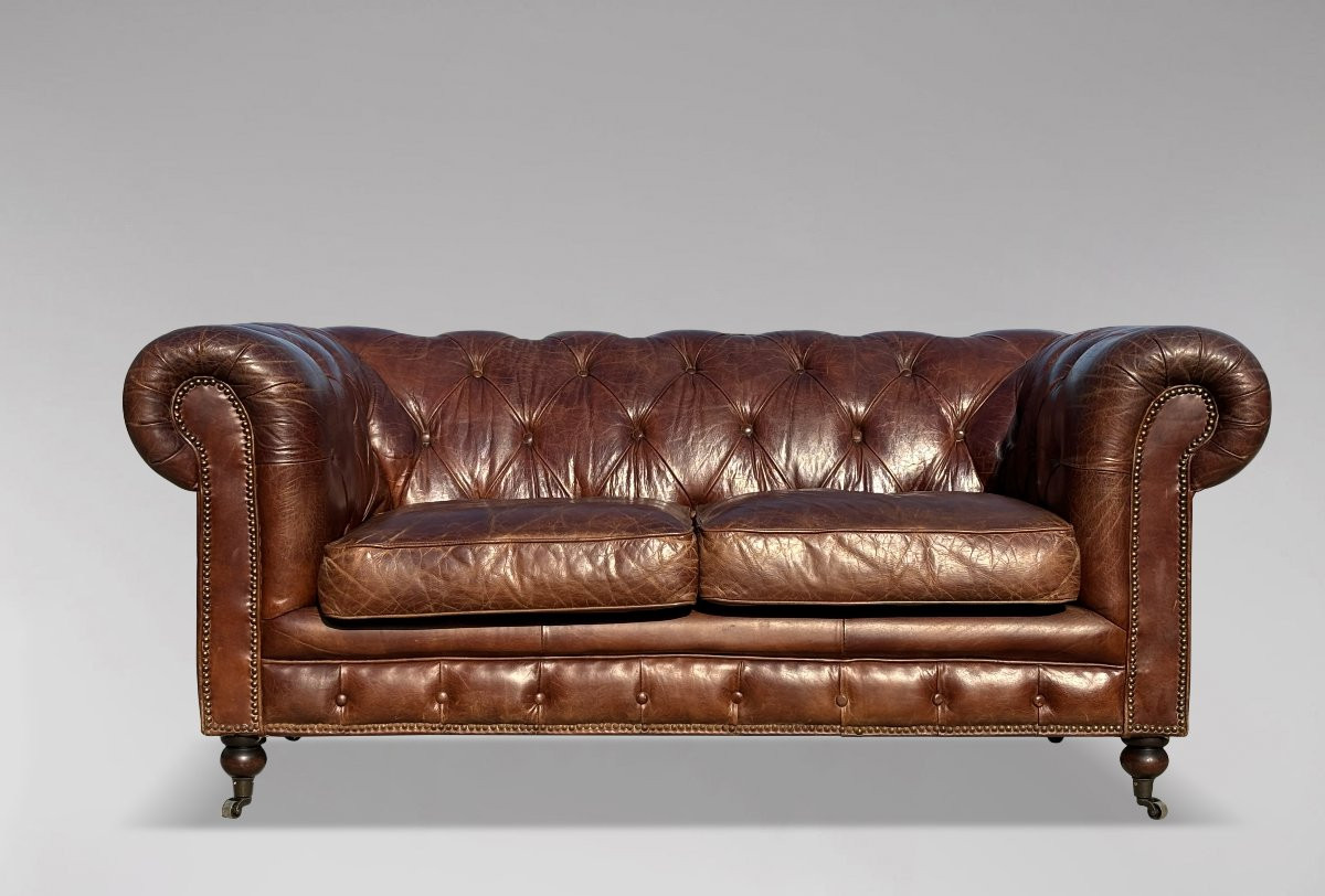 Brown Leather 2-seater Chesterfield Sofa-photo-3