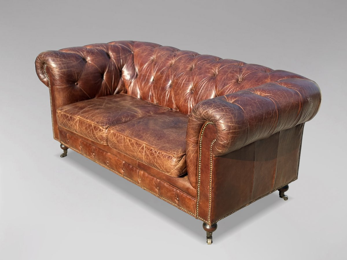 Brown Leather 2-seater Chesterfield Sofa-photo-4