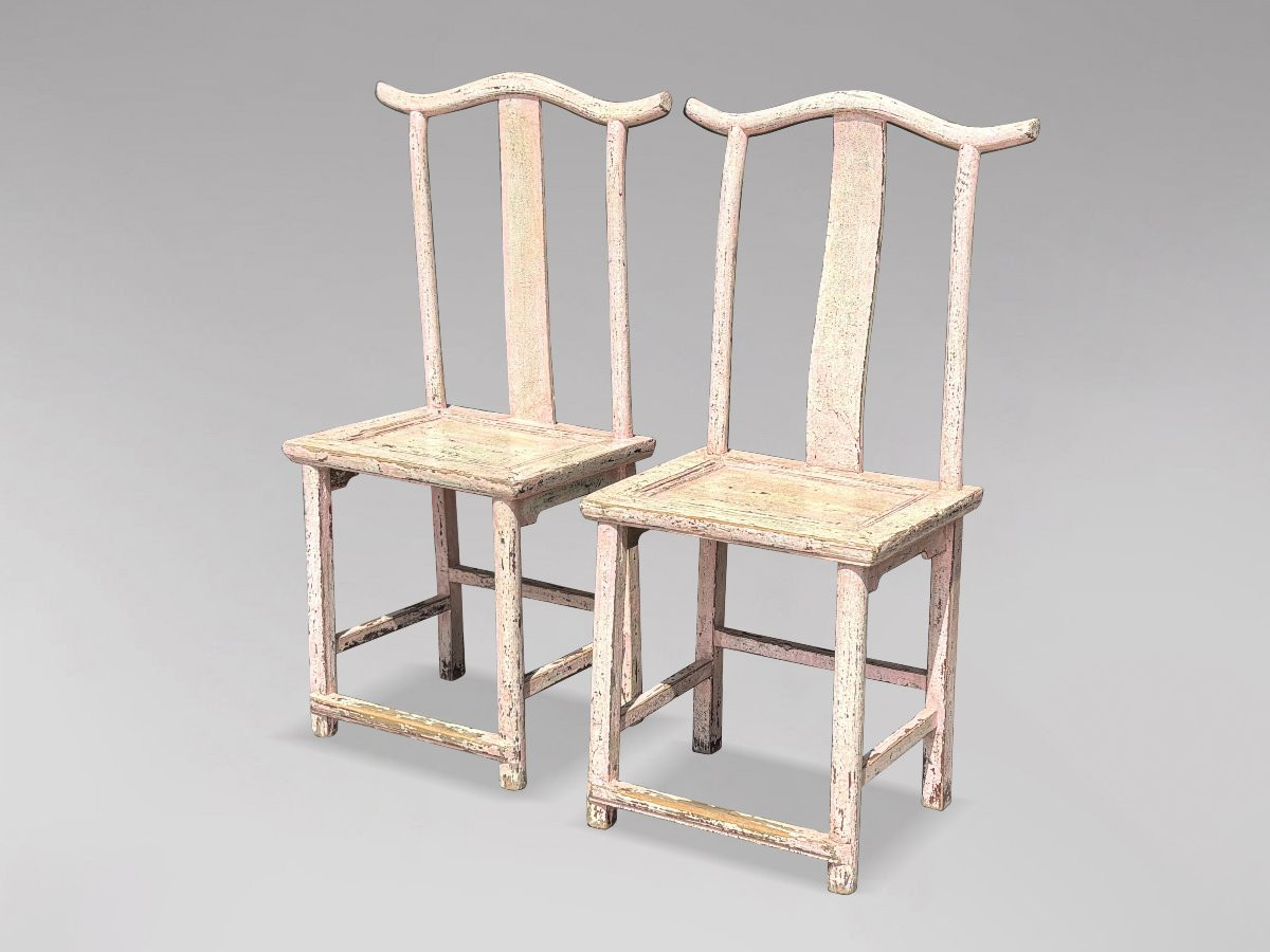 Pair Of 19th Century Pink Painted Chinese Yoke-back Chairs-photo-2