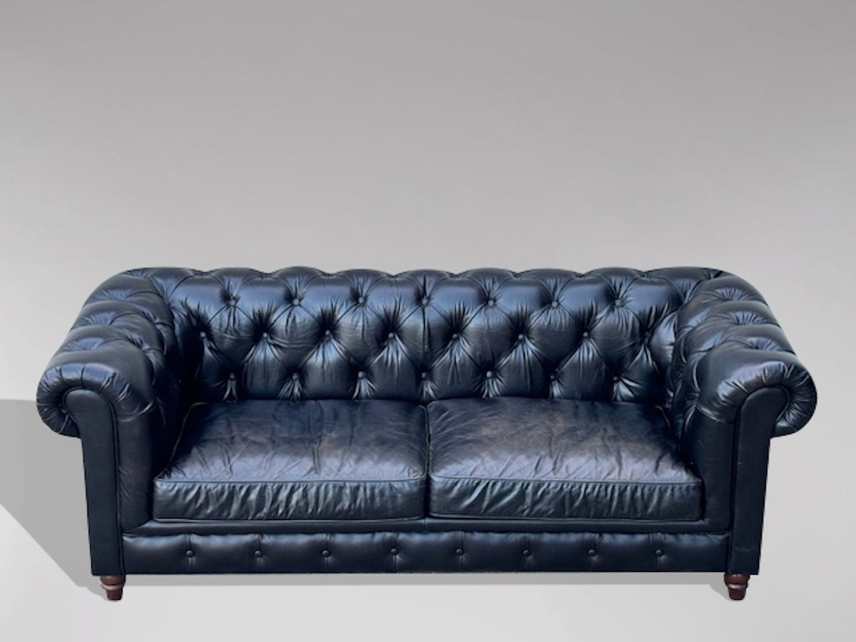 Grand Canapé Chesterfield 3 Places en Cuir Noir-photo-2