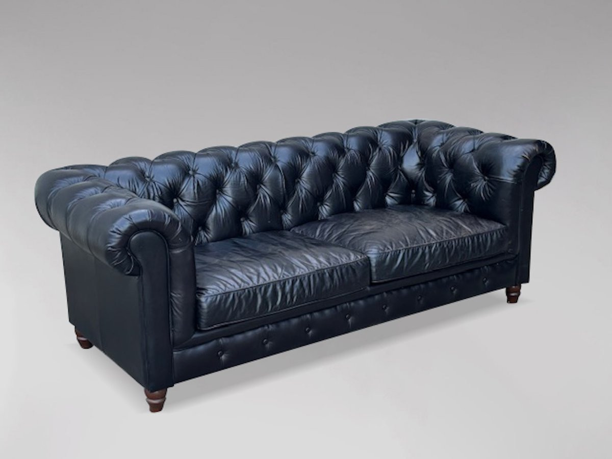 Grand Canapé Chesterfield 3 Places en Cuir Noir-photo-3