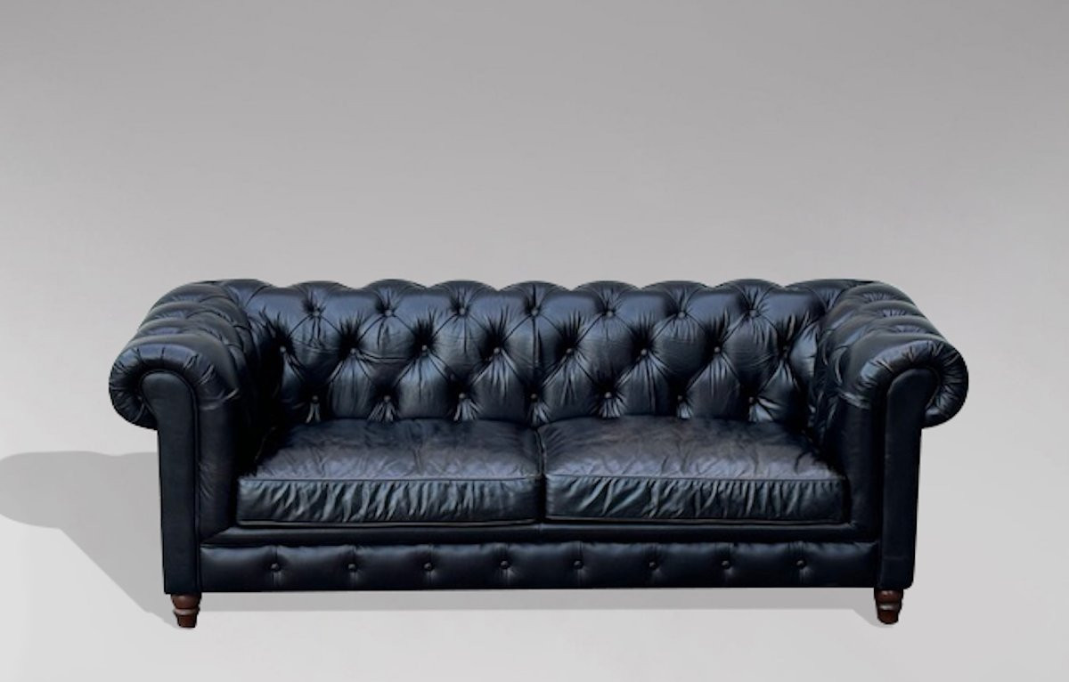 Grand Canapé Chesterfield 3 Places en Cuir Noir-photo-3