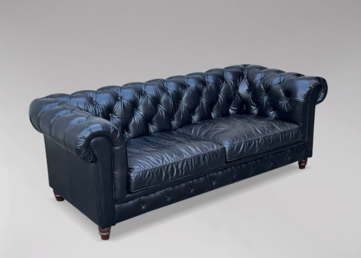 Grand Canapé Chesterfield 3 Places en Cuir Noir-photo-4