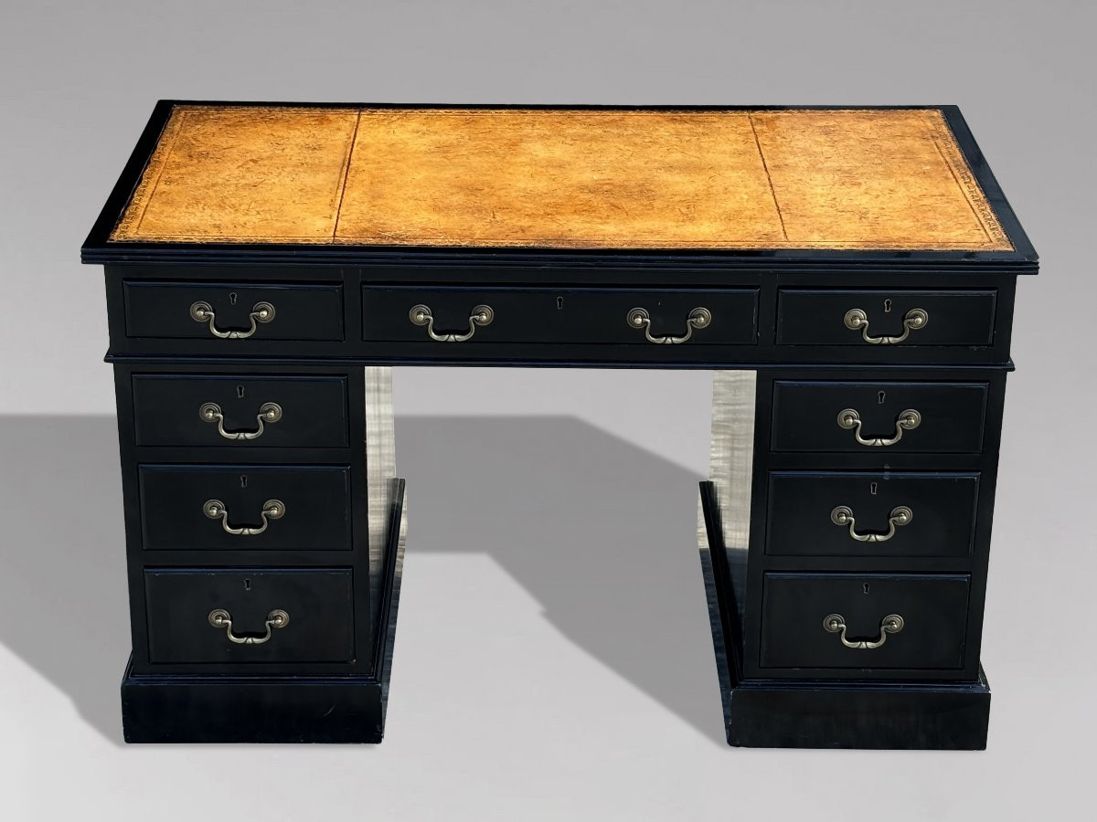 19ème Siècle, Bureau à Piédestal Laqué Noir -photo-2