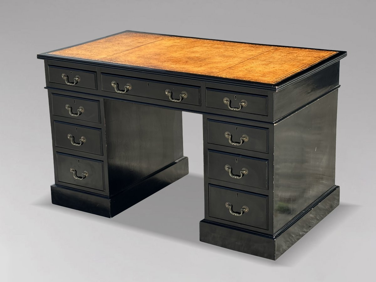 19ème Siècle, Bureau à Piédestal Laqué Noir -photo-3