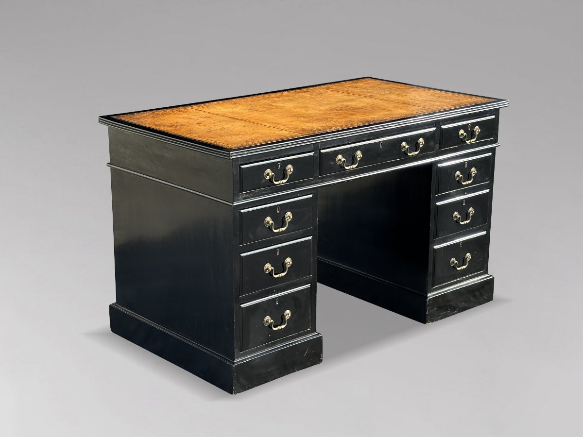 19ème Siècle, Bureau à Piédestal Laqué Noir -photo-3