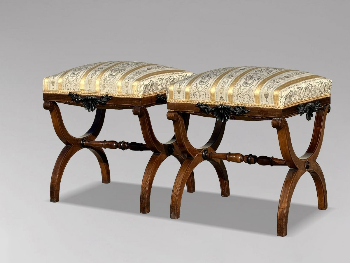 Début du 19ème Siècle, Paire de Tabourets en Acajou et Marqueterie d'Èpoque Régence-photo-3