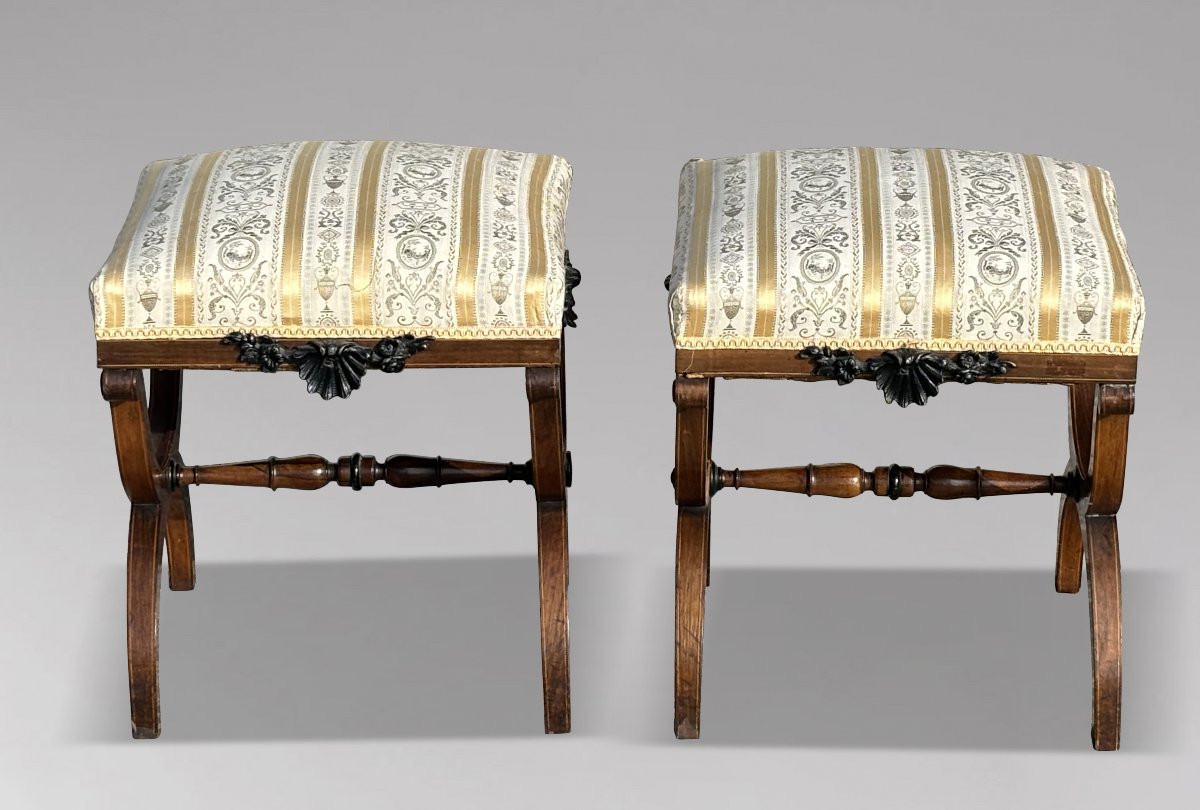 Début du 19ème Siècle, Paire de Tabourets en Acajou et Marqueterie d'Èpoque Régence-photo-4