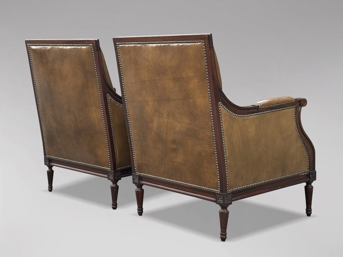 Pair Of Edwardian Period Mahogany & Leather Library Club Armchairs-photo-3