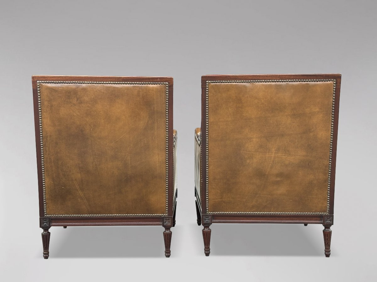 Pair Of Edwardian Period Mahogany & Leather Library Club Armchairs-photo-5
