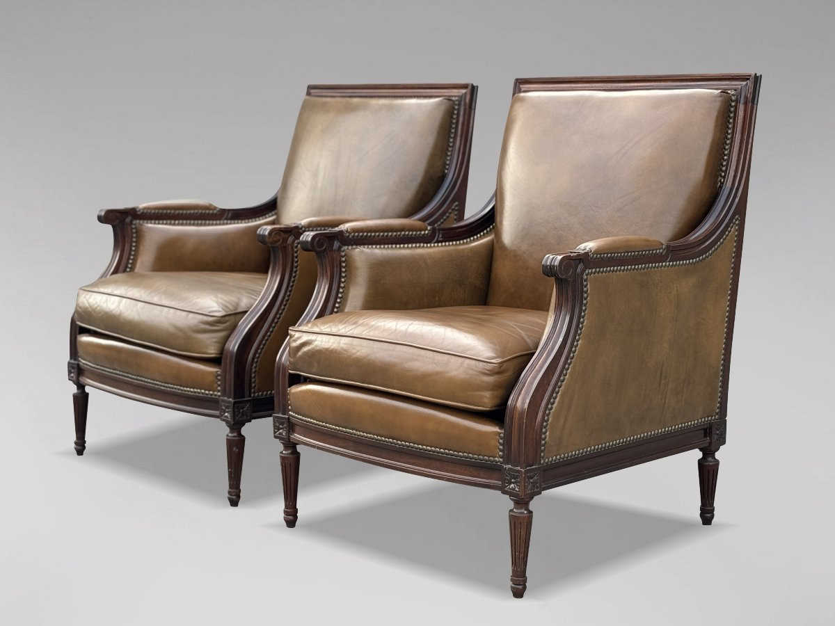 Pair Of Edwardian Period Mahogany & Leather Library Club Armchairs-photo-6