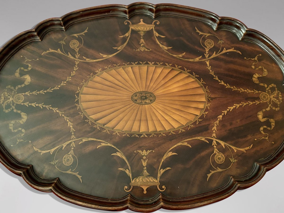 Edwardian Period Marquetry Inlaid Shaped Oval Tray-photo-2