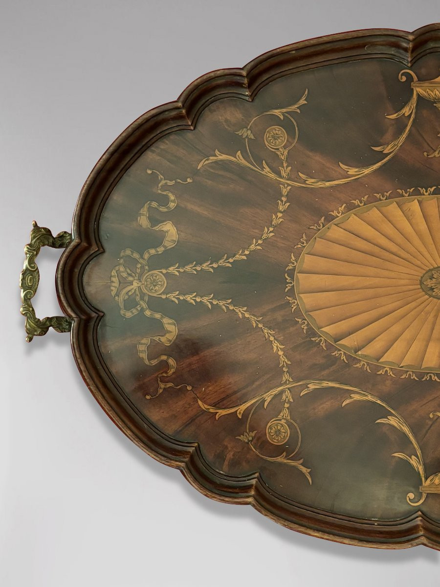 Edwardian Period Marquetry Inlaid Shaped Oval Tray-photo-3