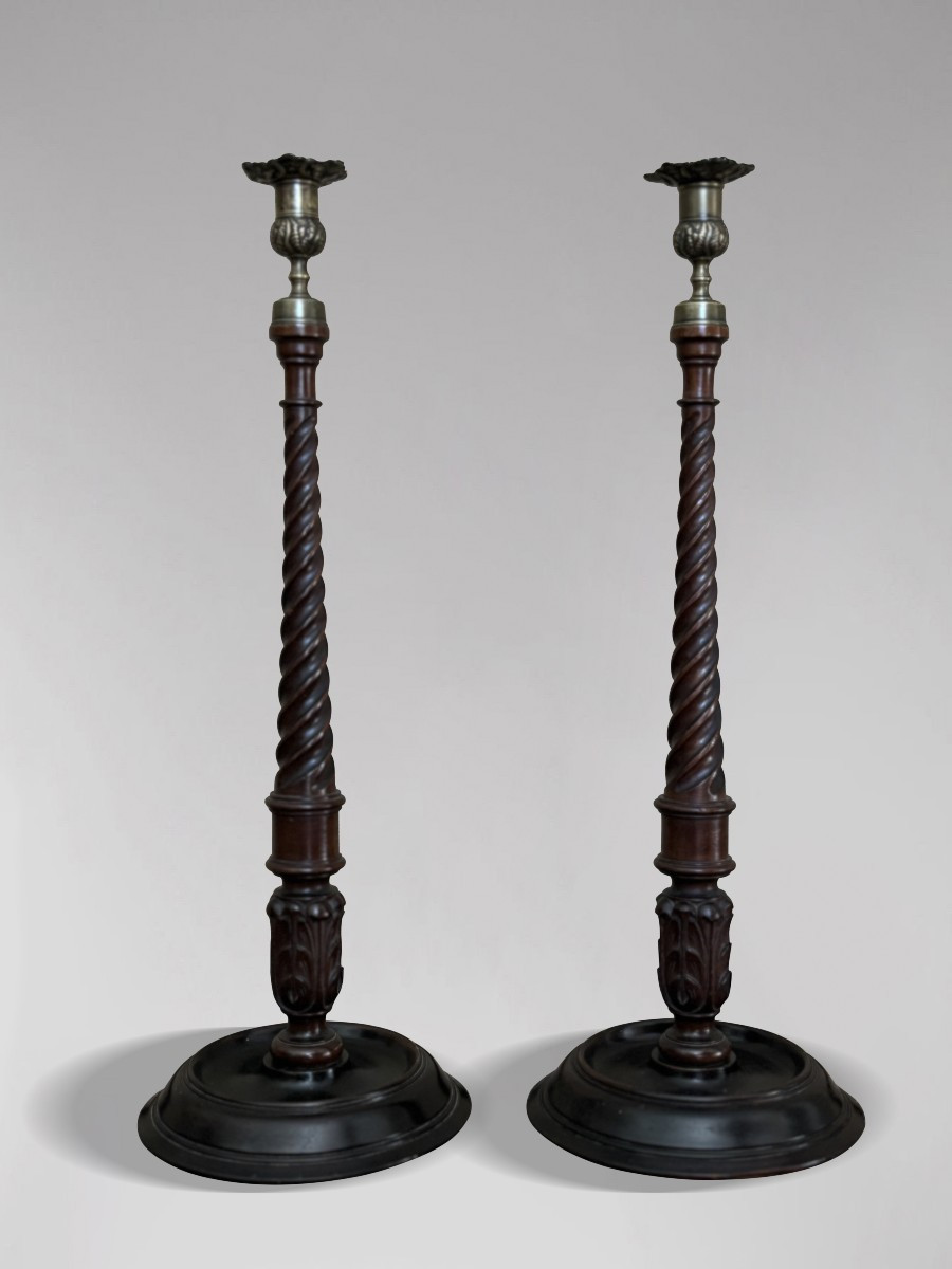 Tall Pair Of Early 19th Century Carved Mahogany Scottish Candlesticks