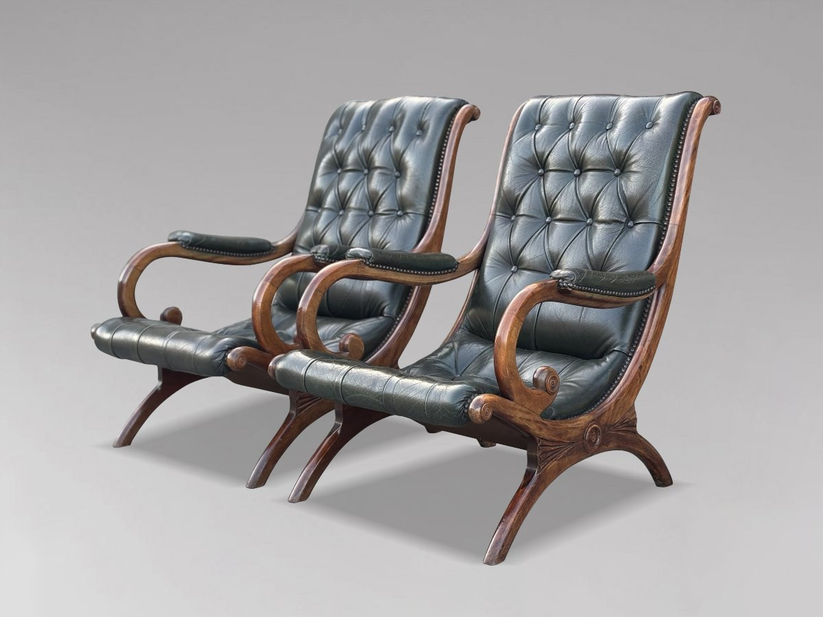 Pair Of Edwardian Period Green Leather Chesterfield Slipper Armchairs-photo-2