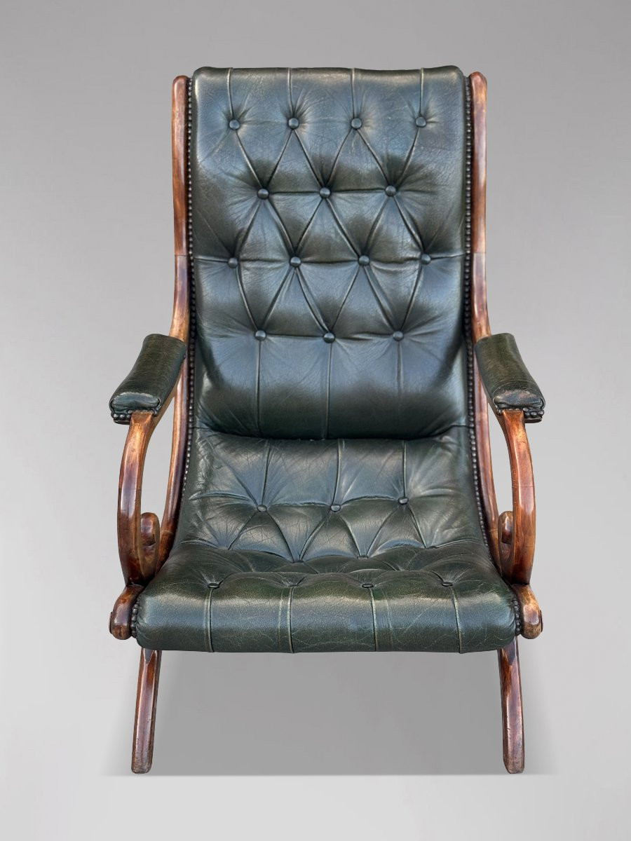 Pair Of Edwardian Period Green Leather Chesterfield Slipper Armchairs-photo-4
