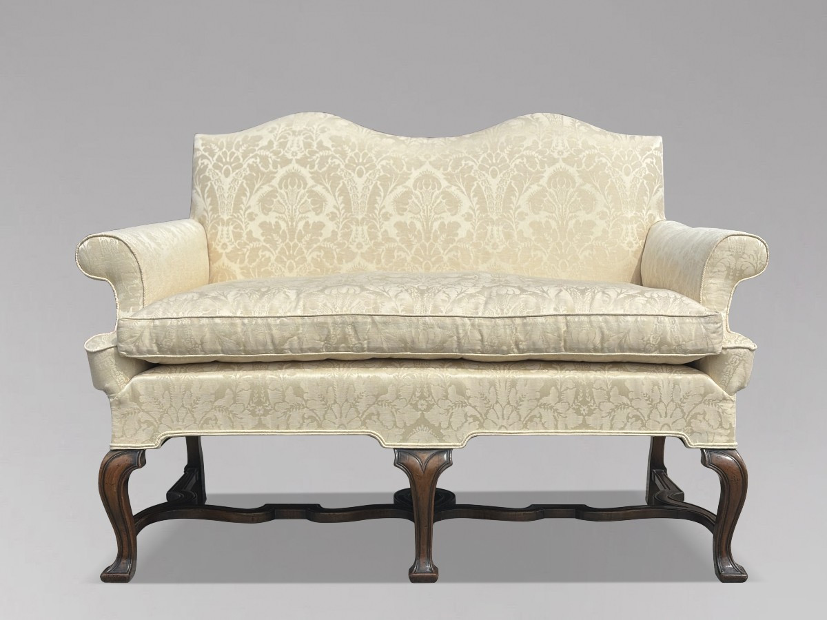 Edwardian Period Carved Walnut Upholstered Settee Of The Queen Anne Style