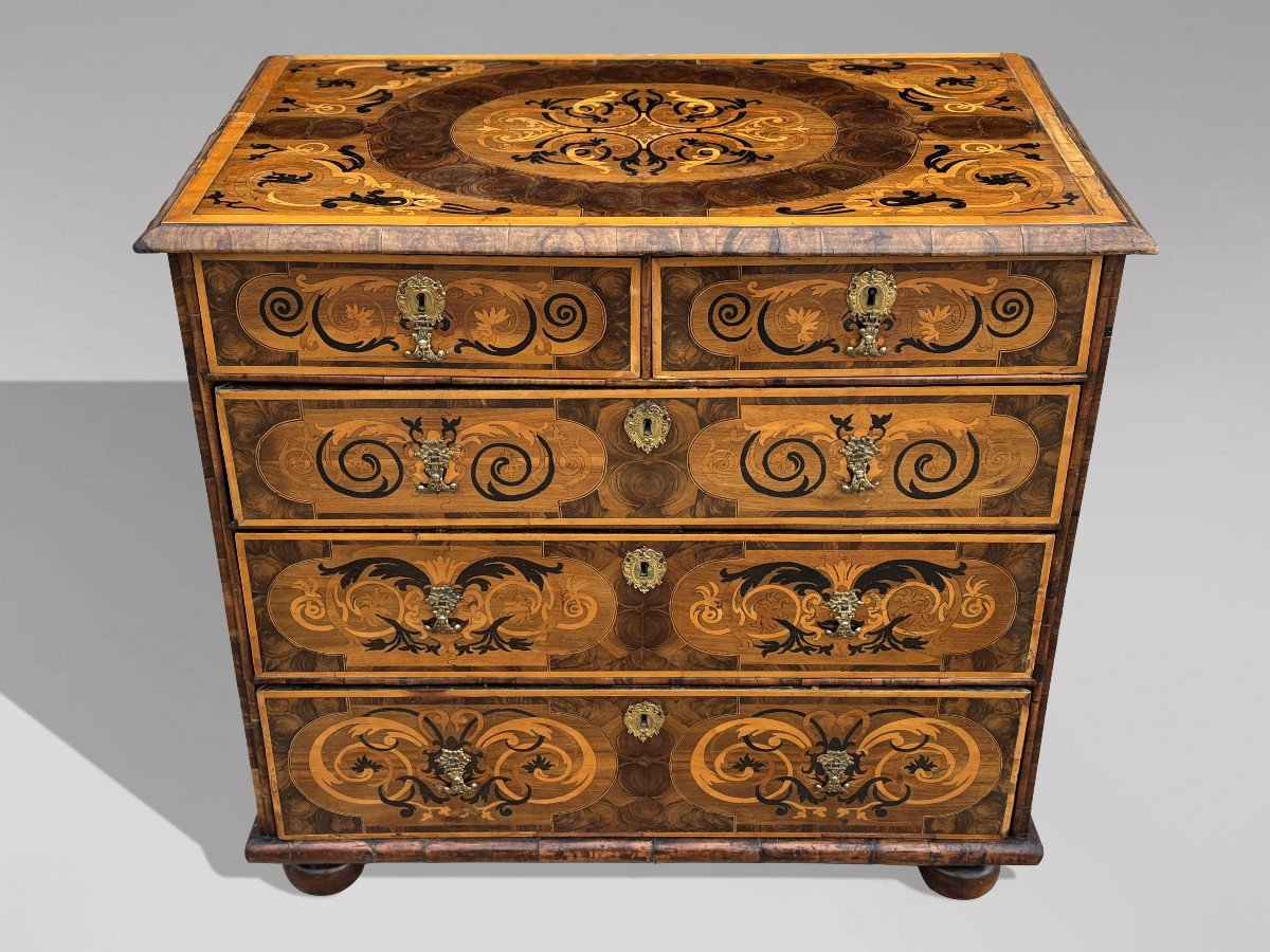 17th Century William & Mary Period Marquetry Inlaid Oyster Walnut Chest Of Drawers