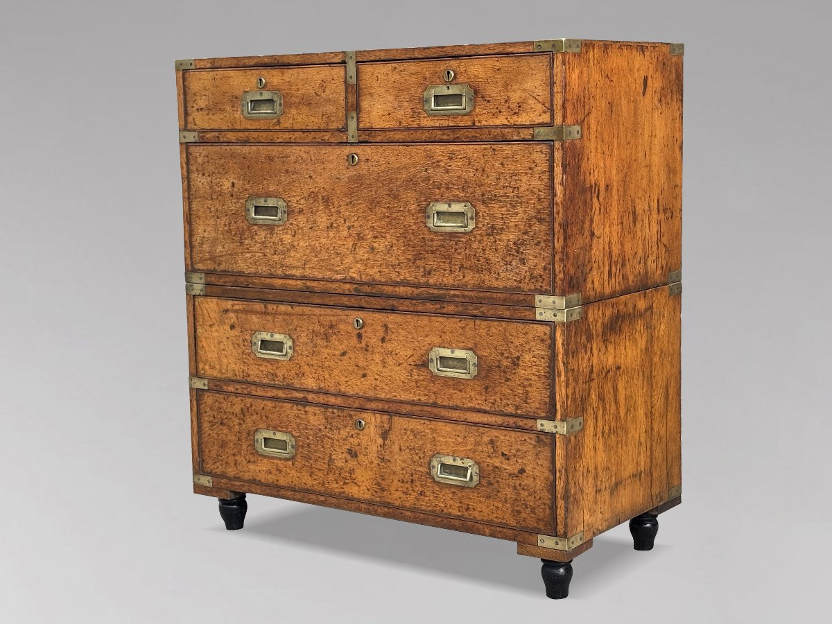 19th Century Oak Military Campaign Chest Of Drawers-photo-5
