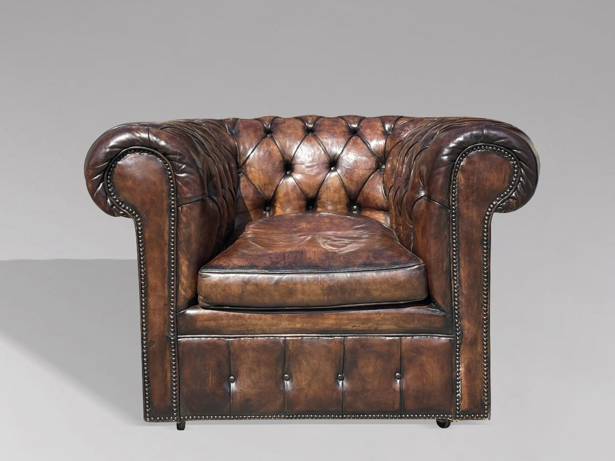 Early 20th Century Brown Leather Chesterfield Club Armchair-photo-2