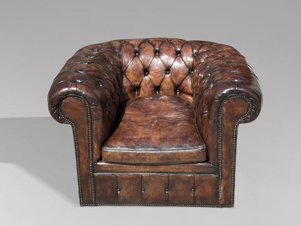 Early 20th Century Brown Leather Chesterfield Club Armchair-photo-3
