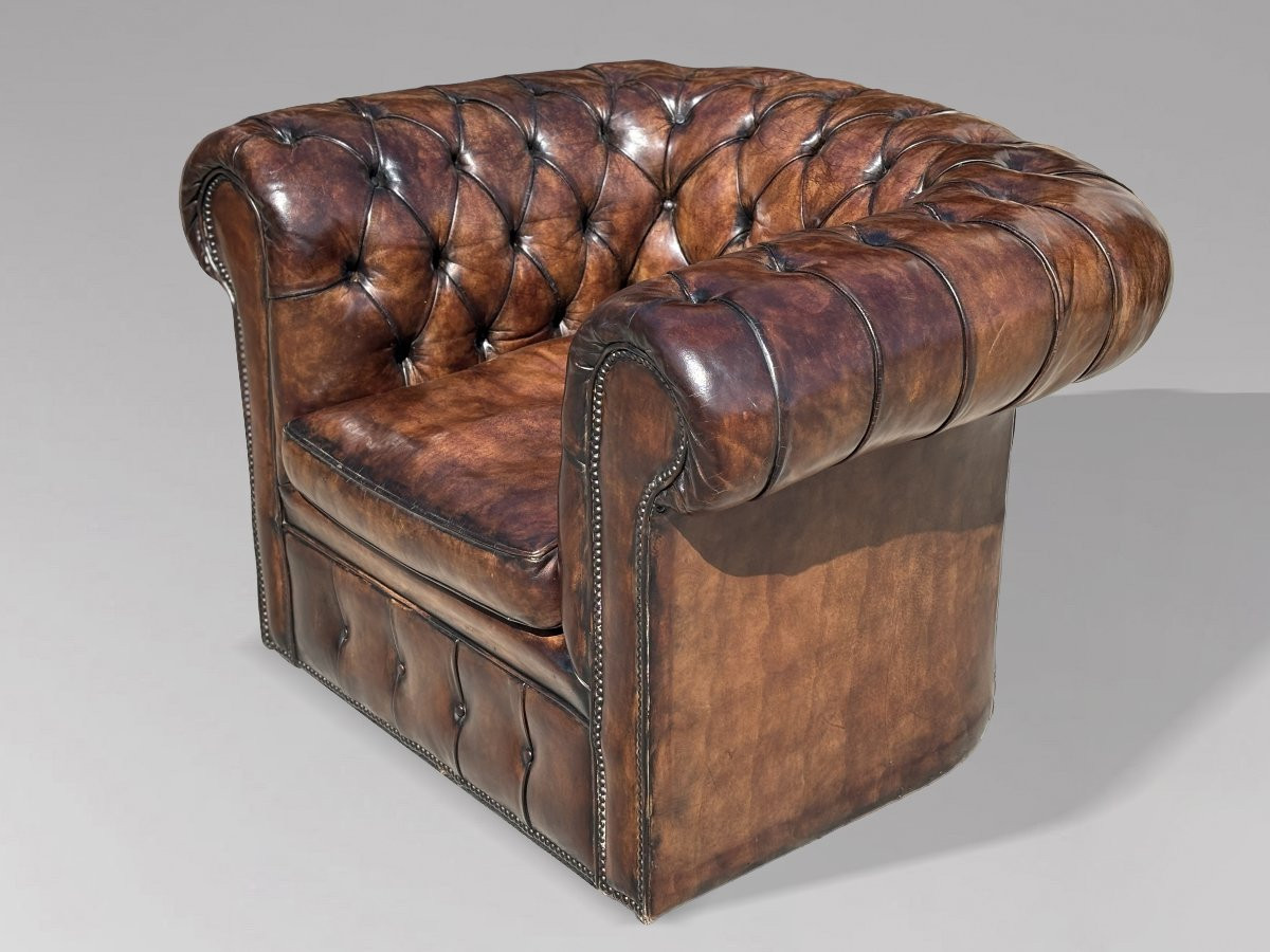 Early 20th Century Brown Leather Chesterfield Club Armchair-photo-4