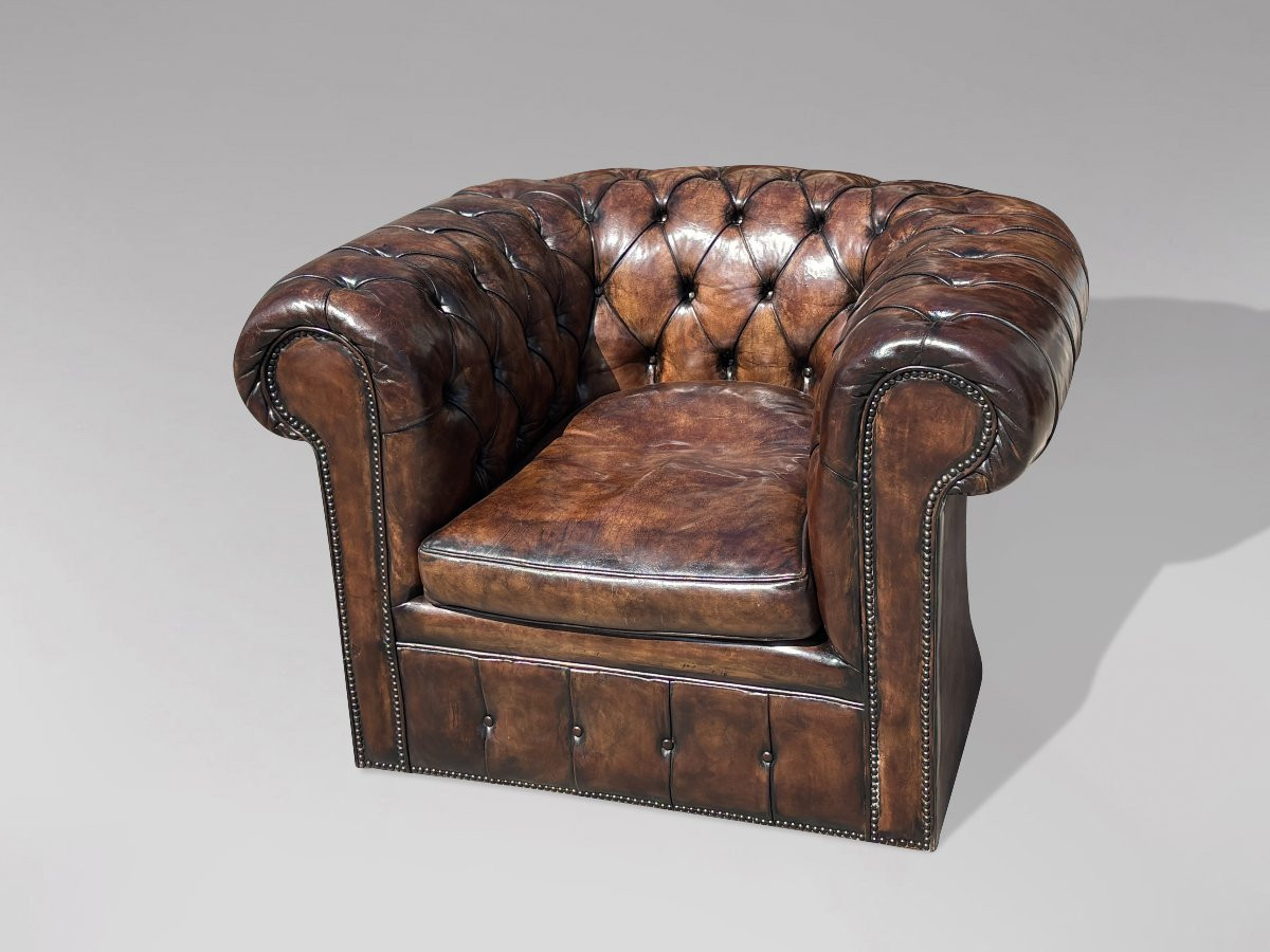 Early 20th Century Brown Leather Chesterfield Club Armchair-photo-4