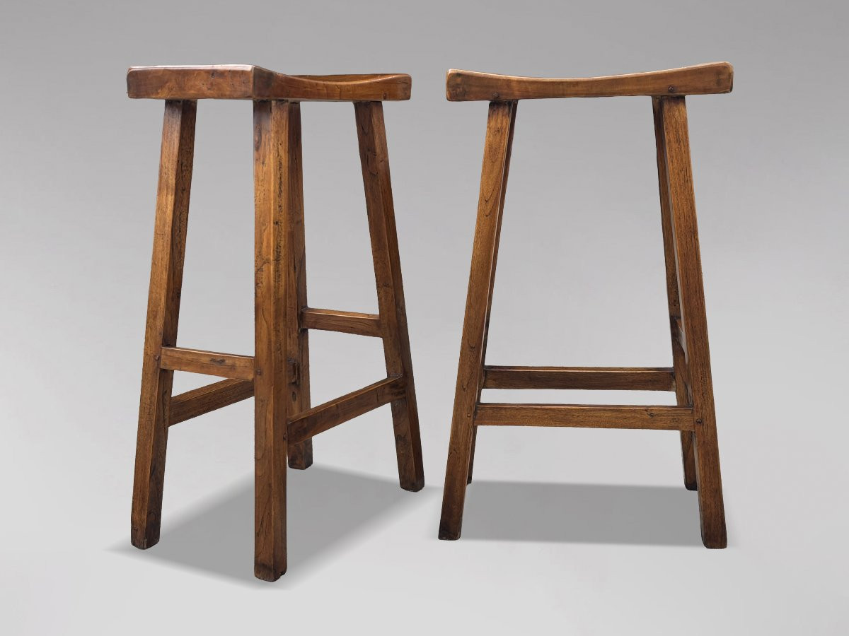 Pair Of 19th Century Elm Seated High Stools-photo-2