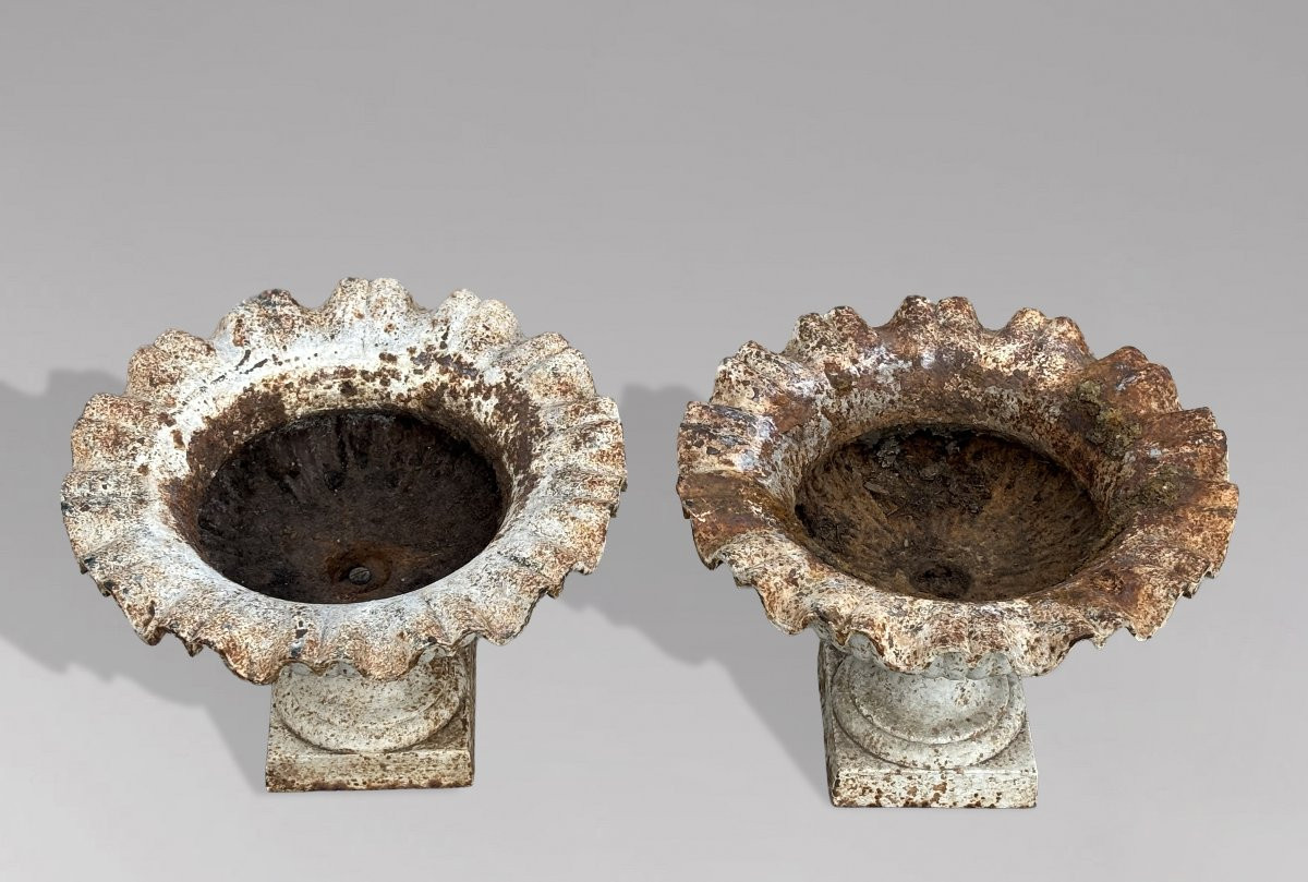 Pair Of 19th Century English Cast Iron Tazza Urns Or Planters-photo-5