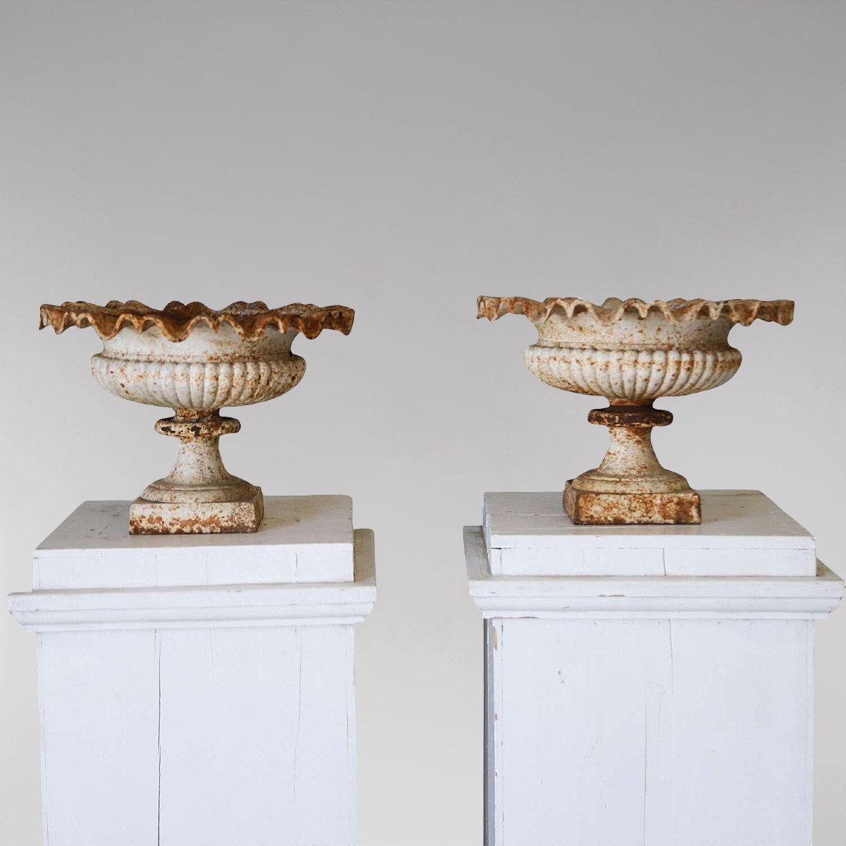 Pair Of 19th Century English Cast Iron Tazza Urns Or Planters