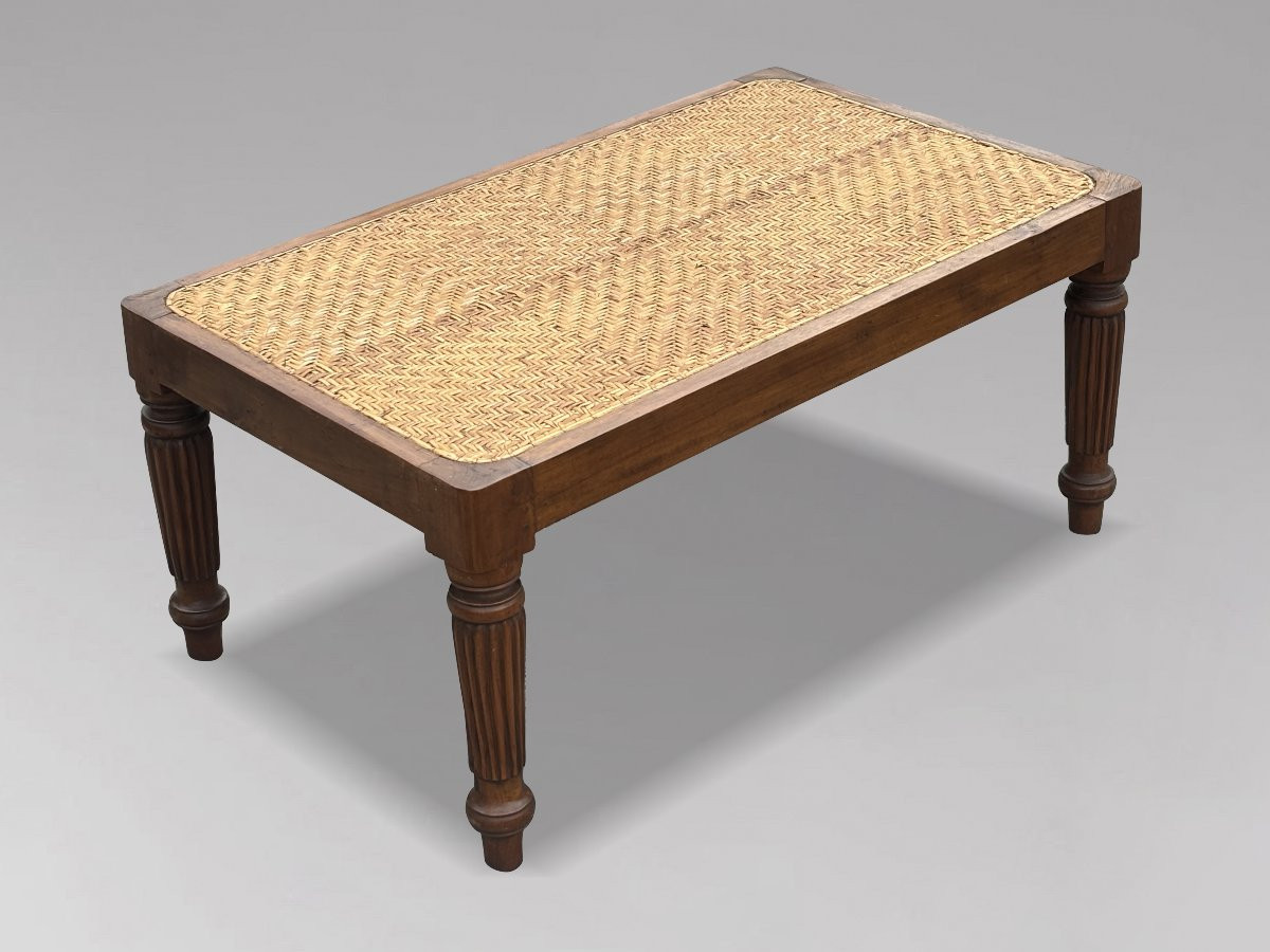 19th Century British Colonial Teak & Woven Rattan Stool-photo-2