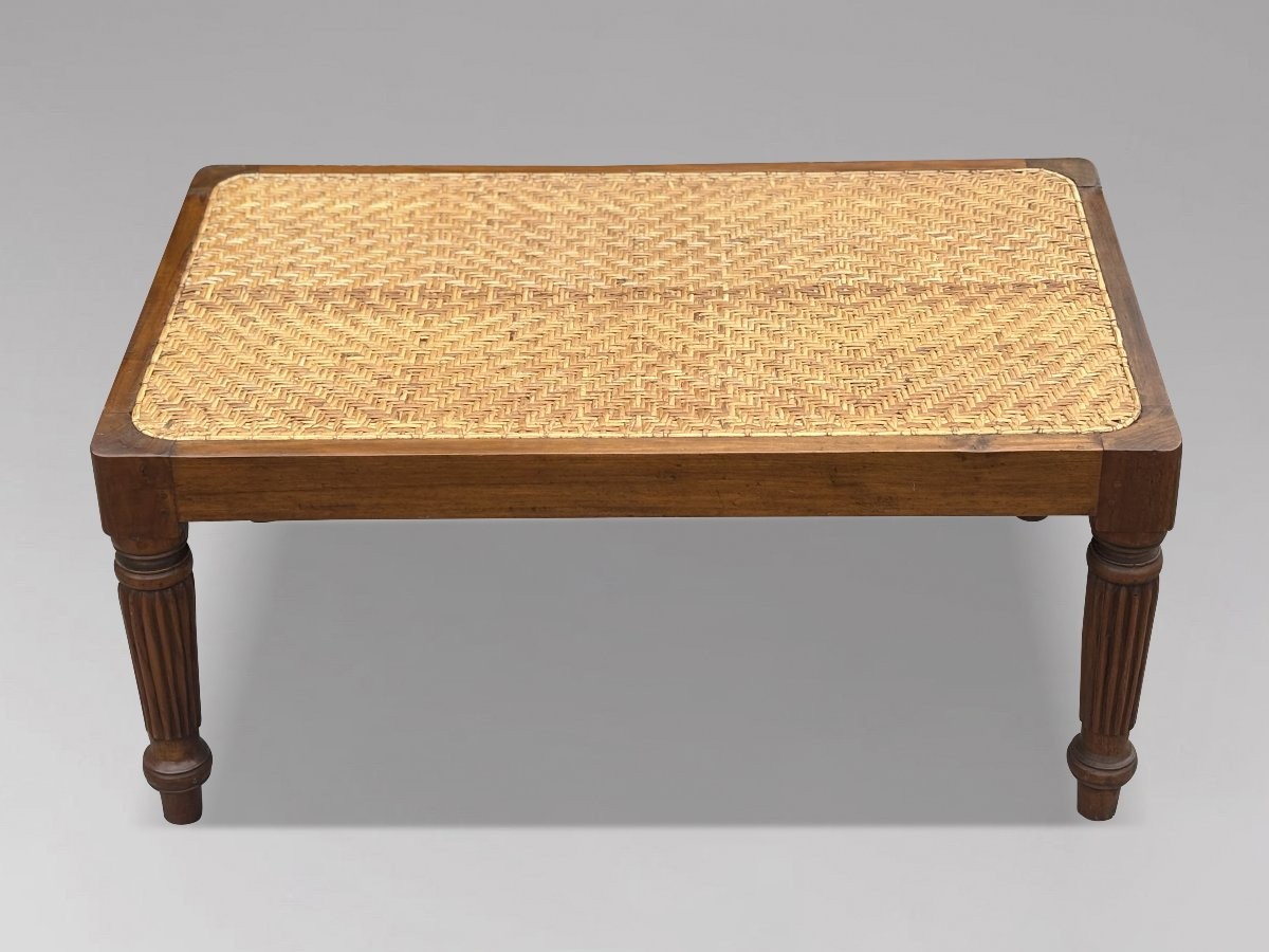 19th Century British Colonial Teak & Woven Rattan Stool-photo-3
