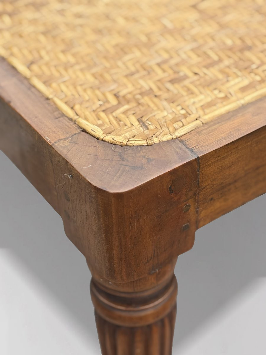 19th Century British Colonial Teak & Woven Rattan Stool-photo-1