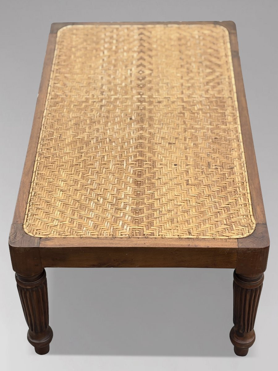 19th Century British Colonial Teak & Woven Rattan Stool-photo-2