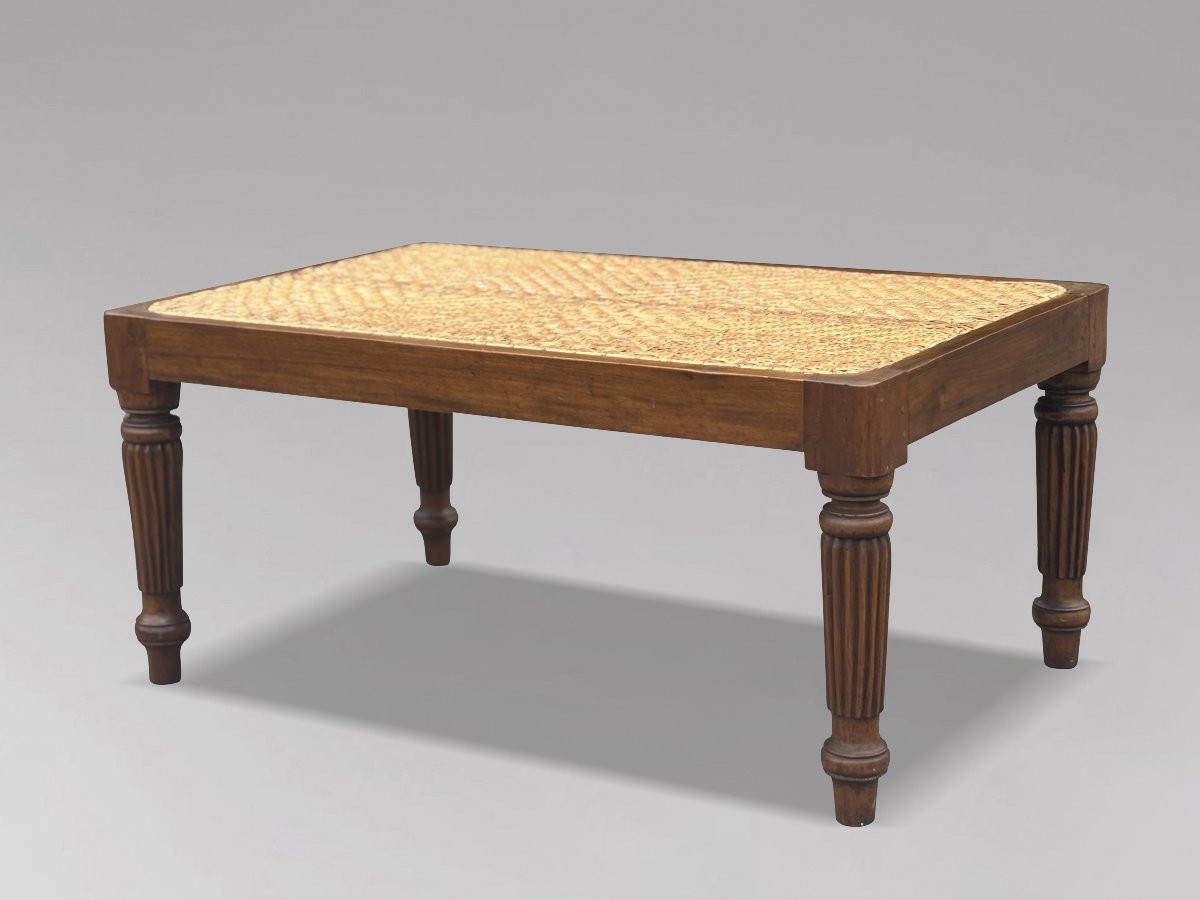 19th Century British Colonial Teak & Woven Rattan Stool-photo-4