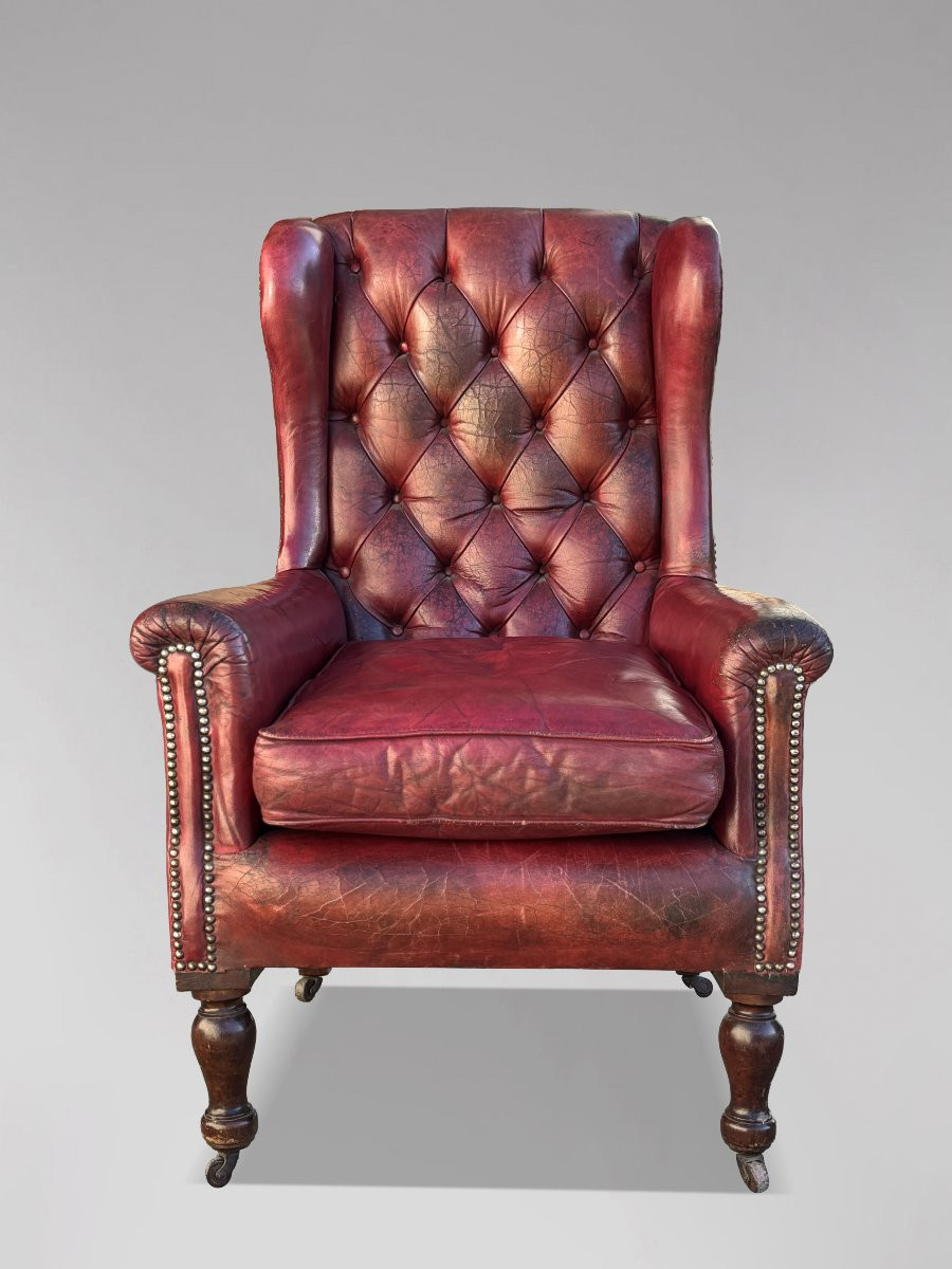 19ème Siècle, Fauteuil à Oreilles en Cuir Rouge de l'Époque Victorienne -photo-2