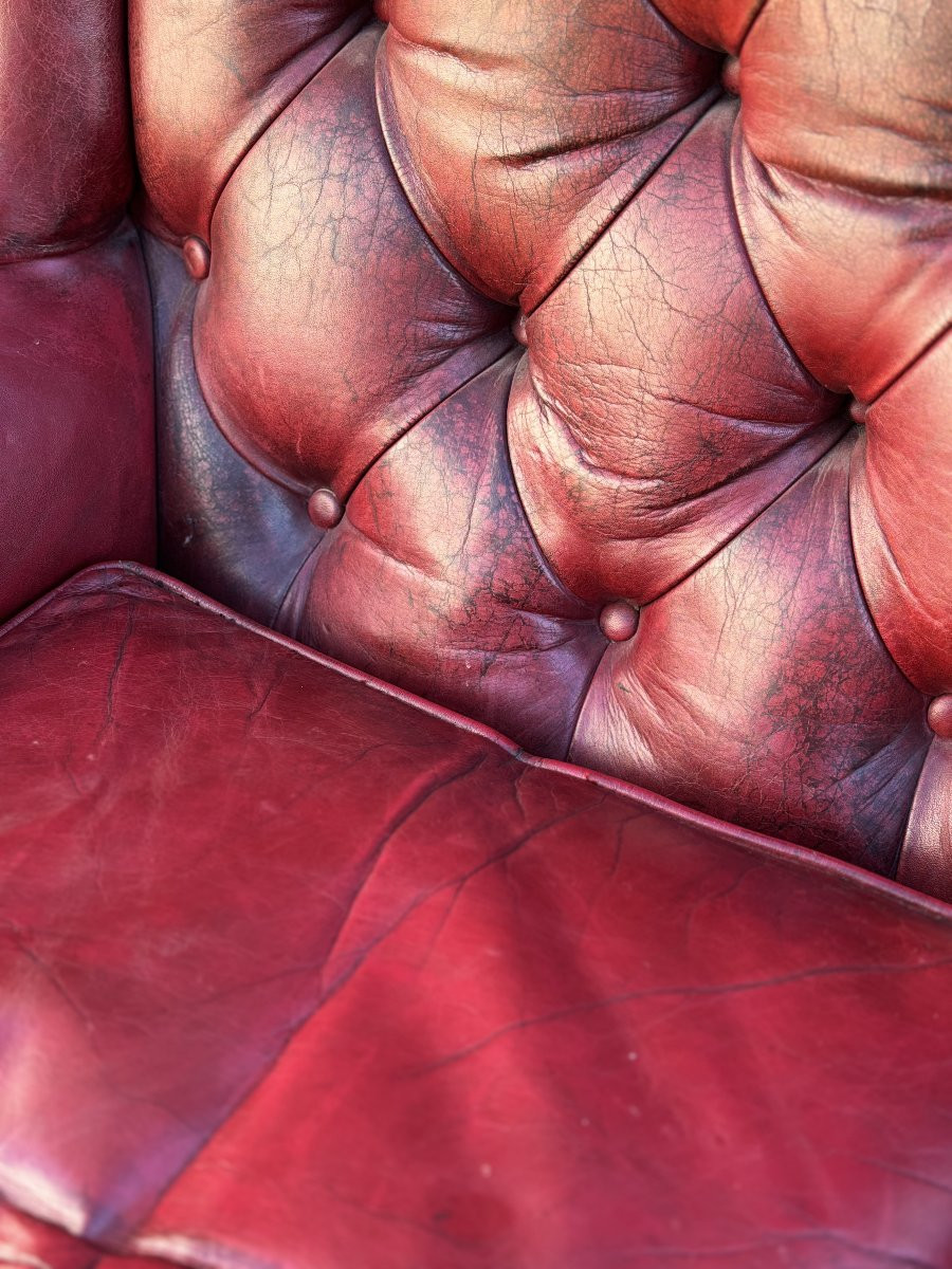 19ème Siècle, Fauteuil à Oreilles en Cuir Rouge de l'Époque Victorienne -photo-3