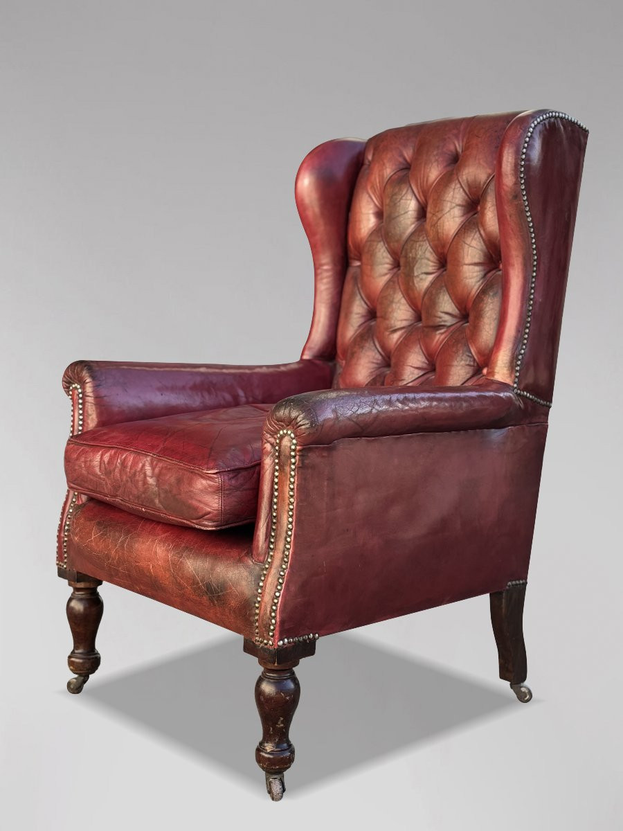 19ème Siècle, Fauteuil à Oreilles en Cuir Rouge de l'Époque Victorienne -photo-4