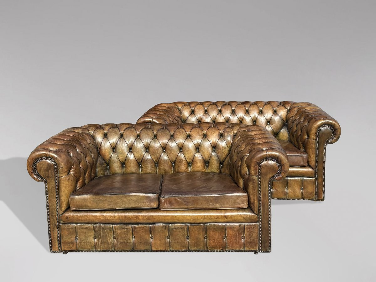 Paire de Canapés Chesterfield 2 Places en Cuir Vert du Début du 20ème Siècle-photo-2