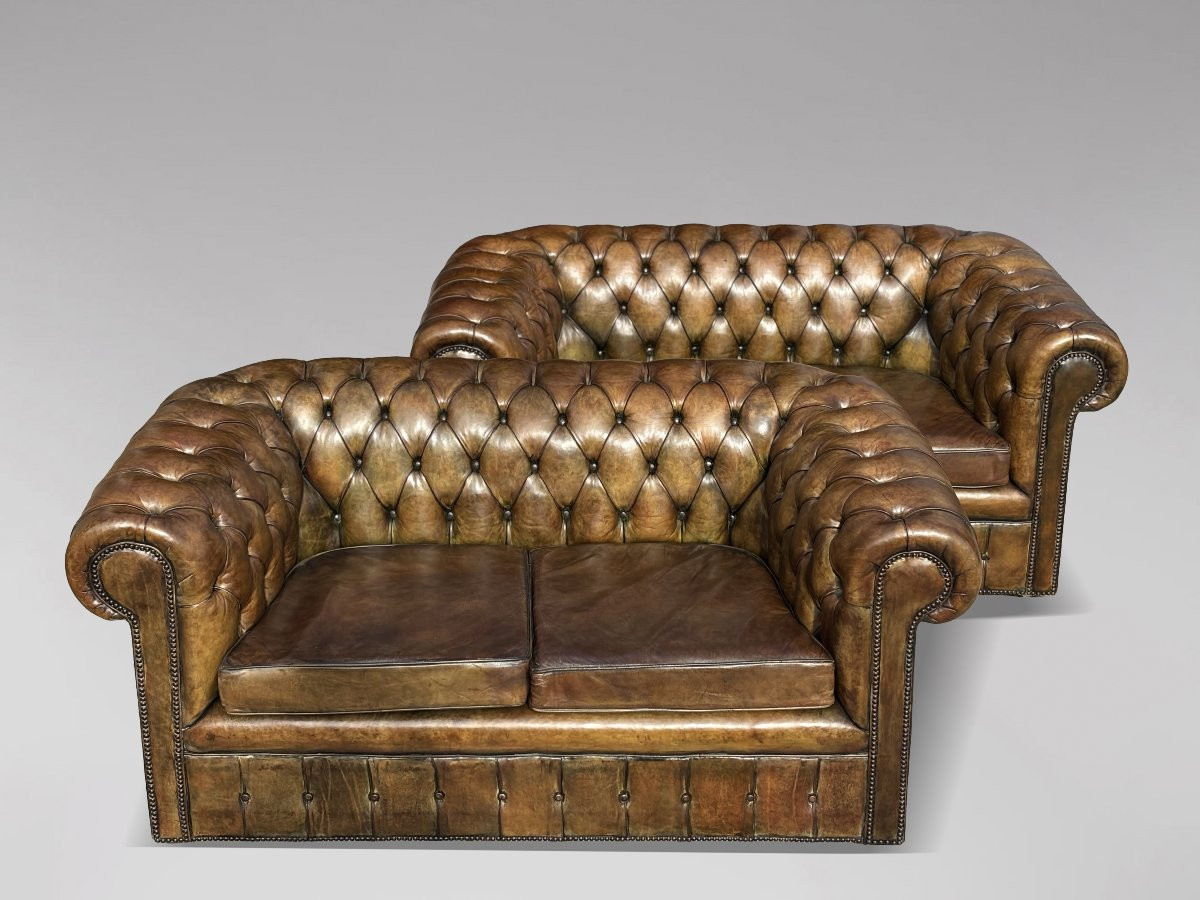 Paire de Canapés Chesterfield 2 Places en Cuir Vert du Début du 20ème Siècle-photo-3